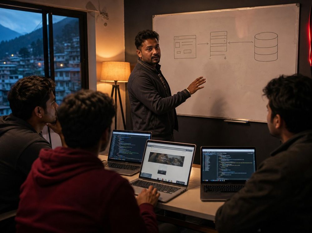 A trainer explaining a system diagram on a whiteboard to students with laptops