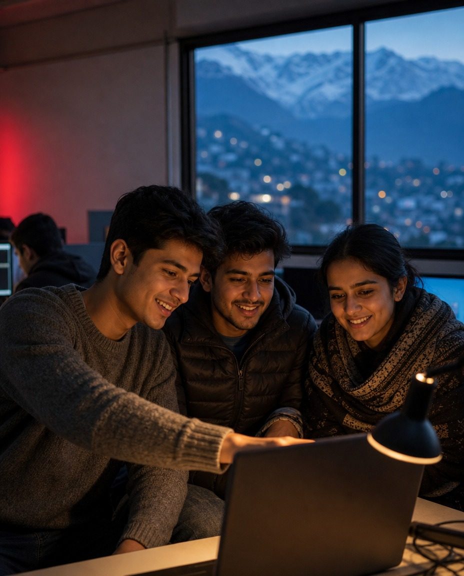 Students from Dharamshala working together on a laptop, with the Dhauladhar mountains outside the window