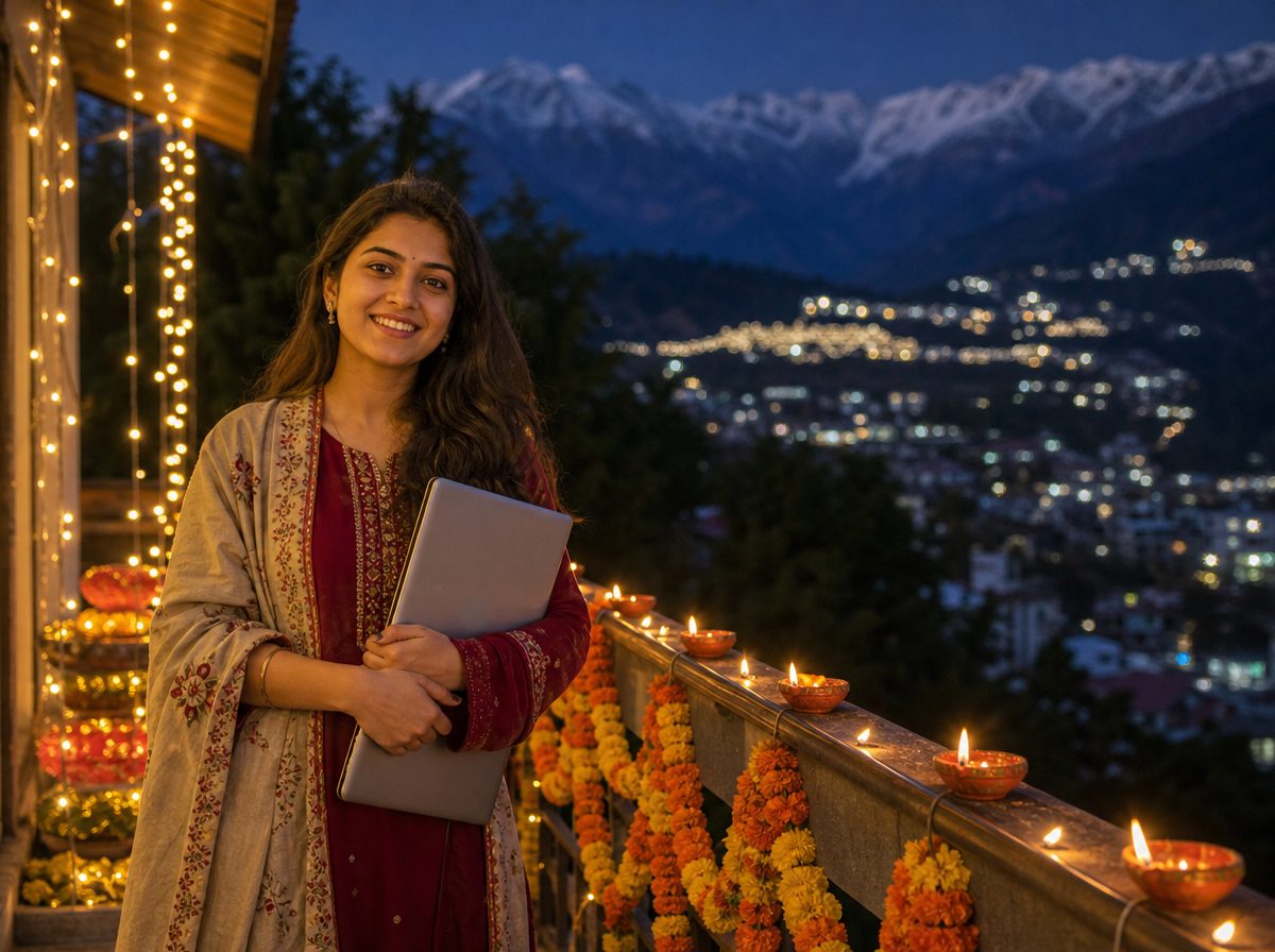 A smiling student with a laptop on a terrace lit with diyas, marigolds and fairy lights, Dharamshala at dusk